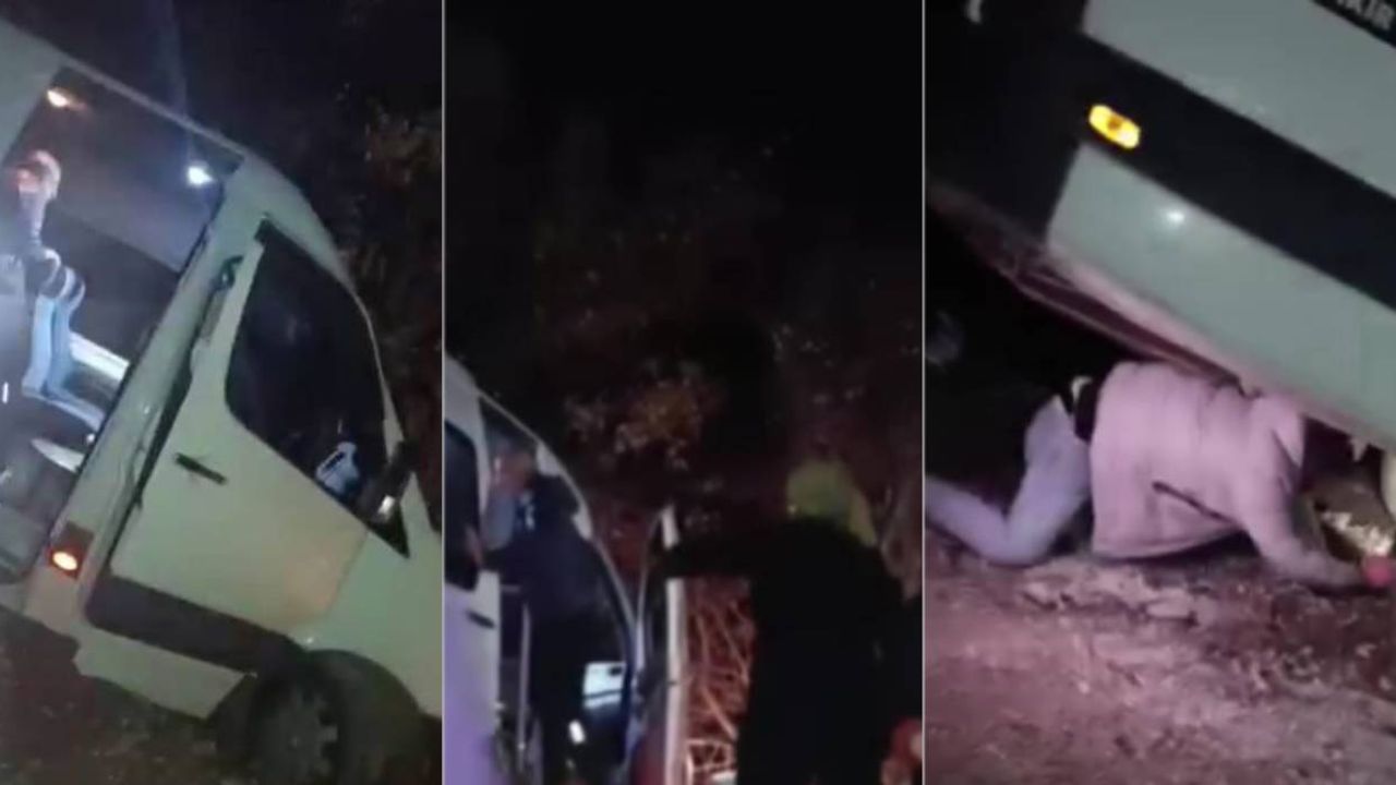 Yolcu minibüsü şarampolde asılı kaldı