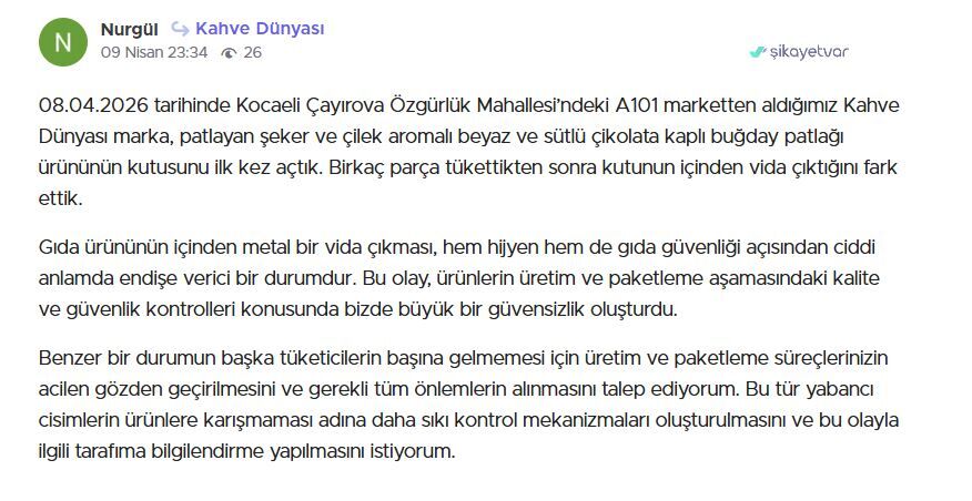 Şikayet Var Kahve Dünyası Kocaeli